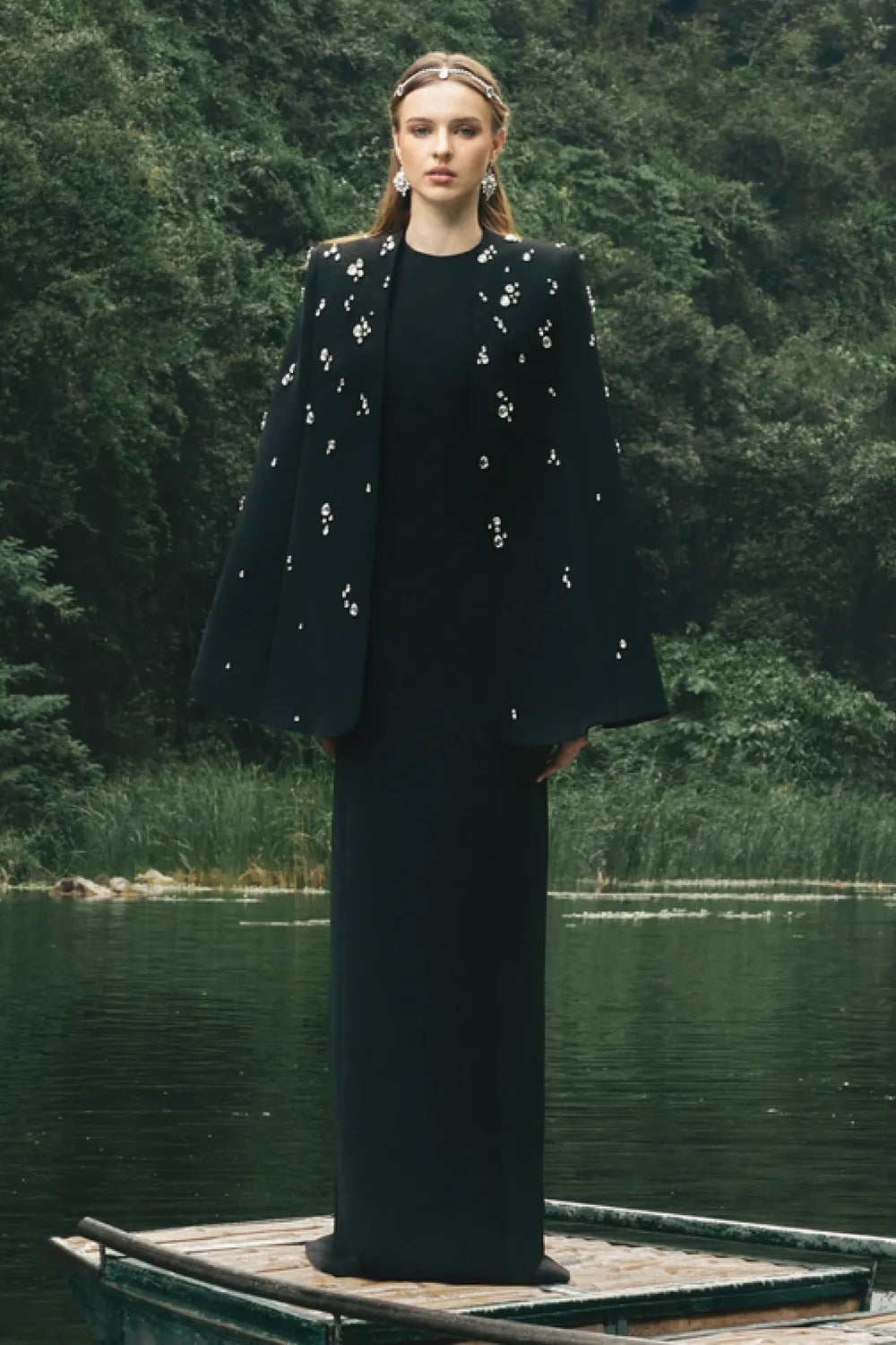 Long Cape With Stone Embellishments - TRACY COUTURE